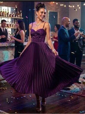 New Elegant Purple Pleated Midi Dress - Women